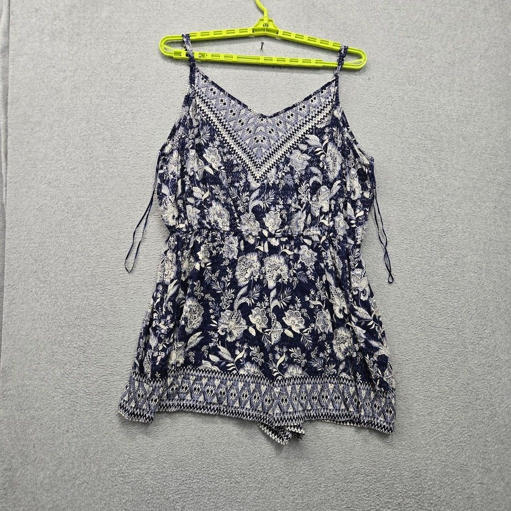 Angie Women Romper 2X Blue Floral Boho Cottagecore Strap Cami